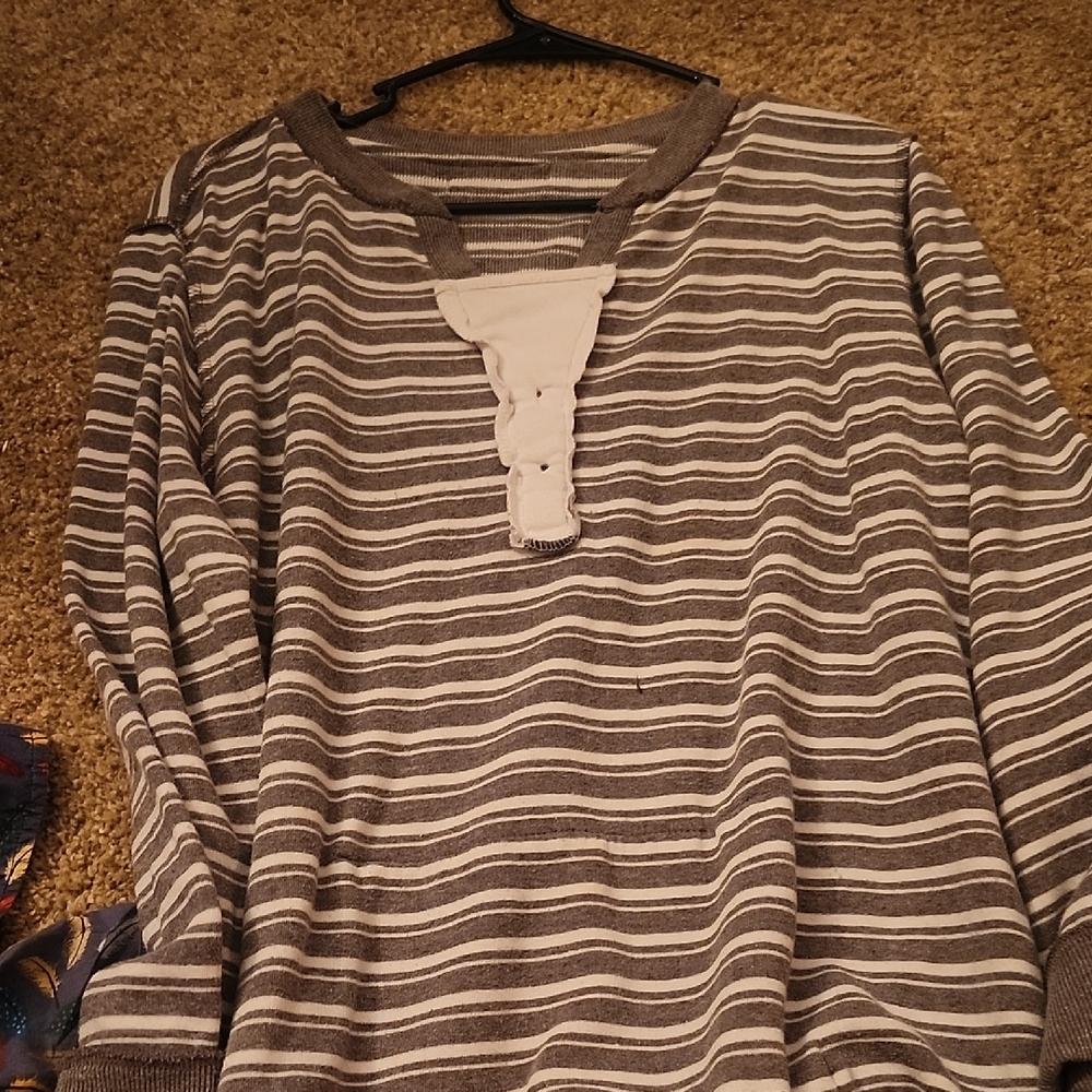 Gray and White Striped Polo Shirt with Henley Placket